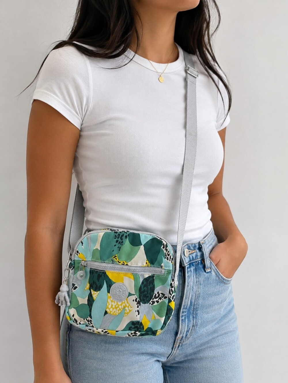 Kipling Green Leaf Pattern Crossbody Bag